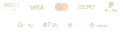 Formas de pagamento: Boleto, Visa, Mastercard, Amex, PayPal, Google Pay, Apple Pay, Pix e Hotmart.